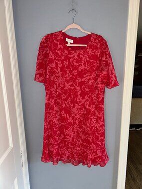 Hobbs London Red Pink Floral Dress Sz US 12, Sheathr Flounce Hem